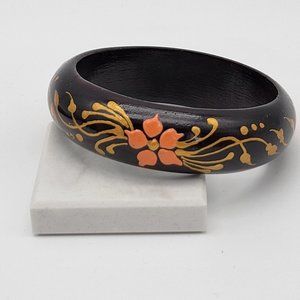 Vintage Hand Painted Wooden Bangle Bracelet Red Pink Yellow Flowers Gold Swirls